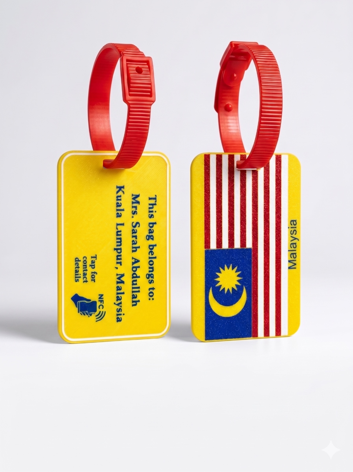 Personalised bag tag sample with name and address
